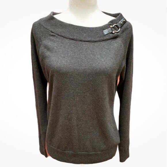LAUREN Ralph Lauren Dark Gray Horsebit Buckle Boat Neck Sweater Size M Medium - Picture 1 of 12